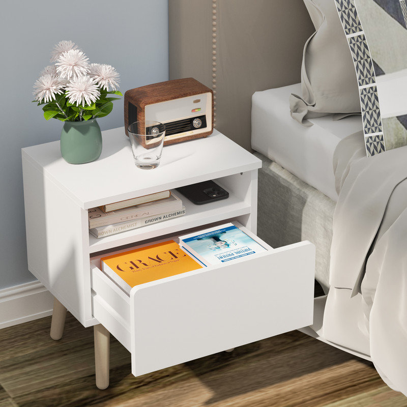 Modern Wood Single Drawer Nightstand,Vintage Bedside Table 18.5, White, Set of 2