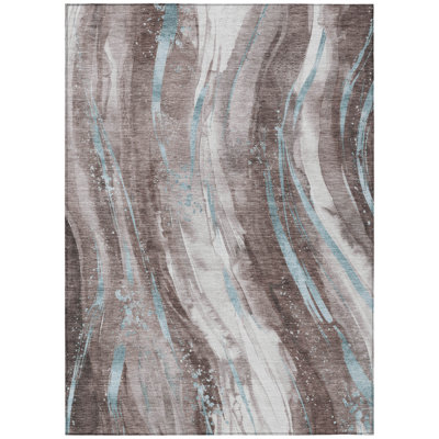 8' X 10' Taupe Sky Blue And Ivory Abstract Washable Indoor Outdoor Area Rug