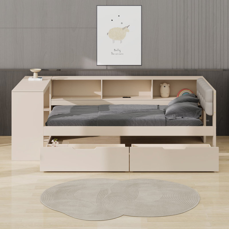 Lit plateforme avec tablettes de rangement, Lit simple, Crème