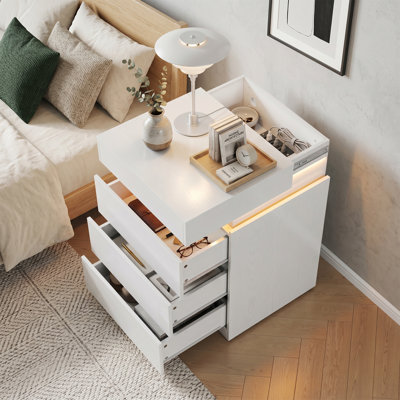 Table de chevet moderne avec station de charge, éclairage à DEL et plateau coulissant à 3 tiroirs