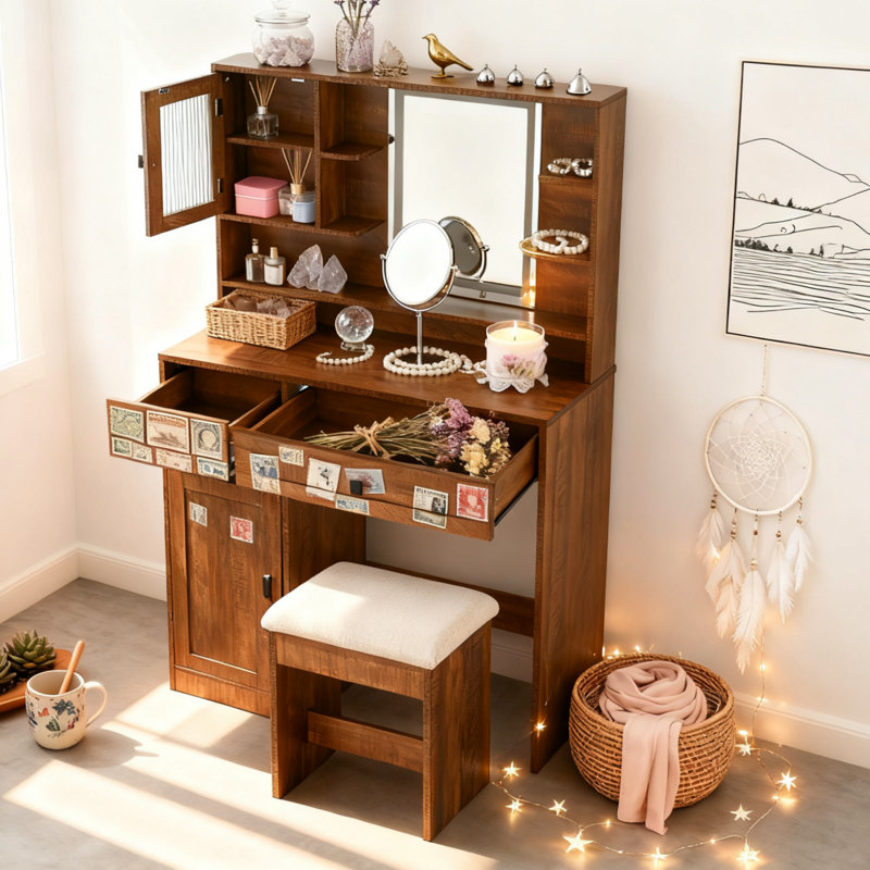 Bureau de coiffeuse avec miroir lumineux, station de charge, tabouret, tiroirs et armoire latérale - Ensemble de coiffeuse brun rustique avec rangement Farmhouse
