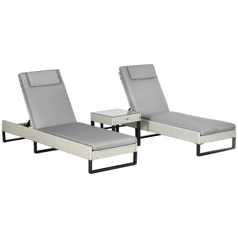 Benette 196cm Long Single Sun Lounger with Cushions and Table, Grey, White