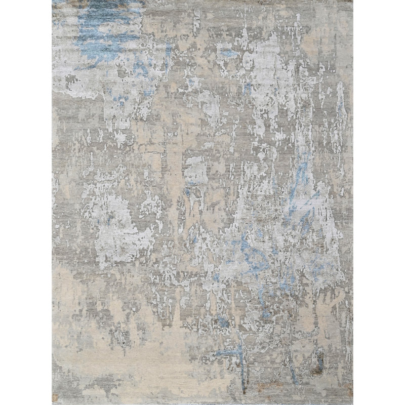 High-Quality Hand-Knotted White And Blue Area Rug, Rectangle 5' x 8'