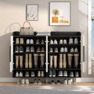 Shoe Cabinet With 4 Doors, Adjustable Shelves And Vertical Striped Design