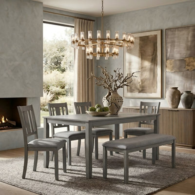 6-Person Rectangular Wood Dining Set with Upholstered Chairs and Bench for Kitchen & Living Room