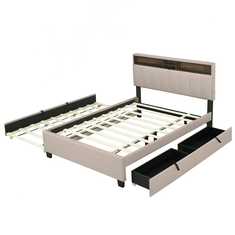 Lit plateforme tapissier pleine grandeur avec tête de lit, gigogne, 2 tiroirs et un ensemble de prises et ports USB, tissu en lin, beige