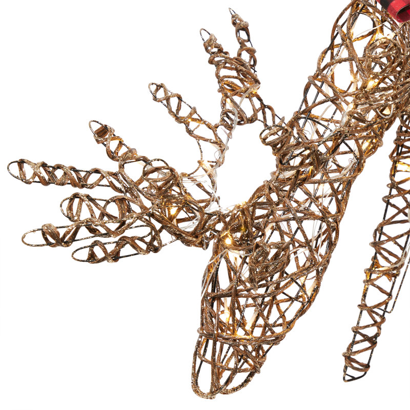 Rattan Grazing Reindeer with Bow and LED Lights Décor