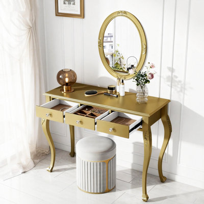 Coiffeuse de luxe avec miroir ovale, coiffeuse à 3 tiroirs pour le rangement des bijoux