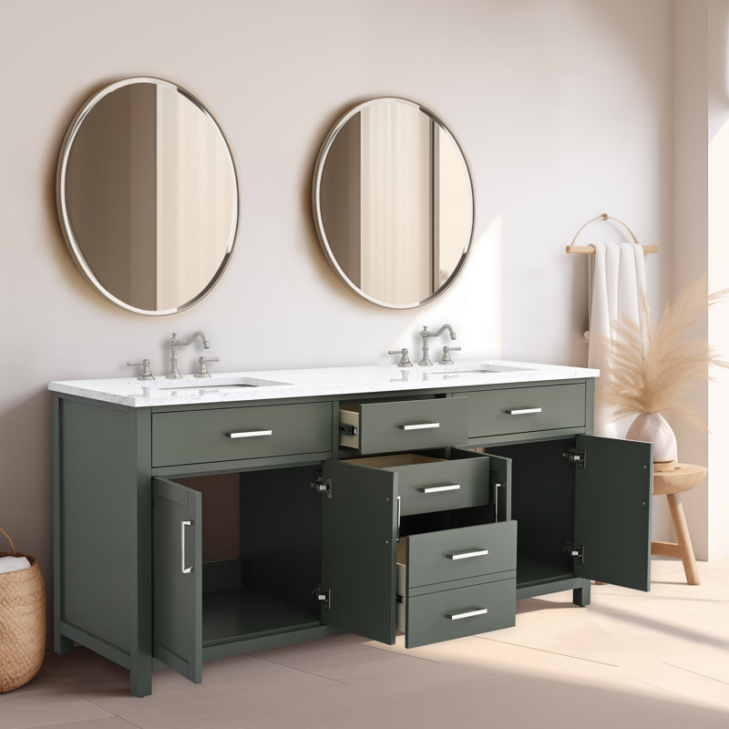 Tremolo 72" Double Bathroom Vanity With Engineered Marble Top, Vintage Green , Polished Nickel