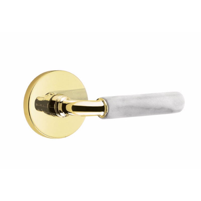 Select Round Privacy (Bed & Bath) Door Lever with Round Rosette, Right, Unlacquered Brass/White Marble