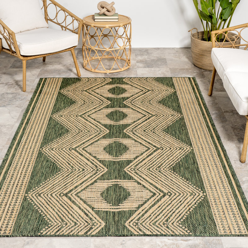 Tribal Indoor/Outdoor Area Rug, Rectangle 10' x 14', Green/Ivory