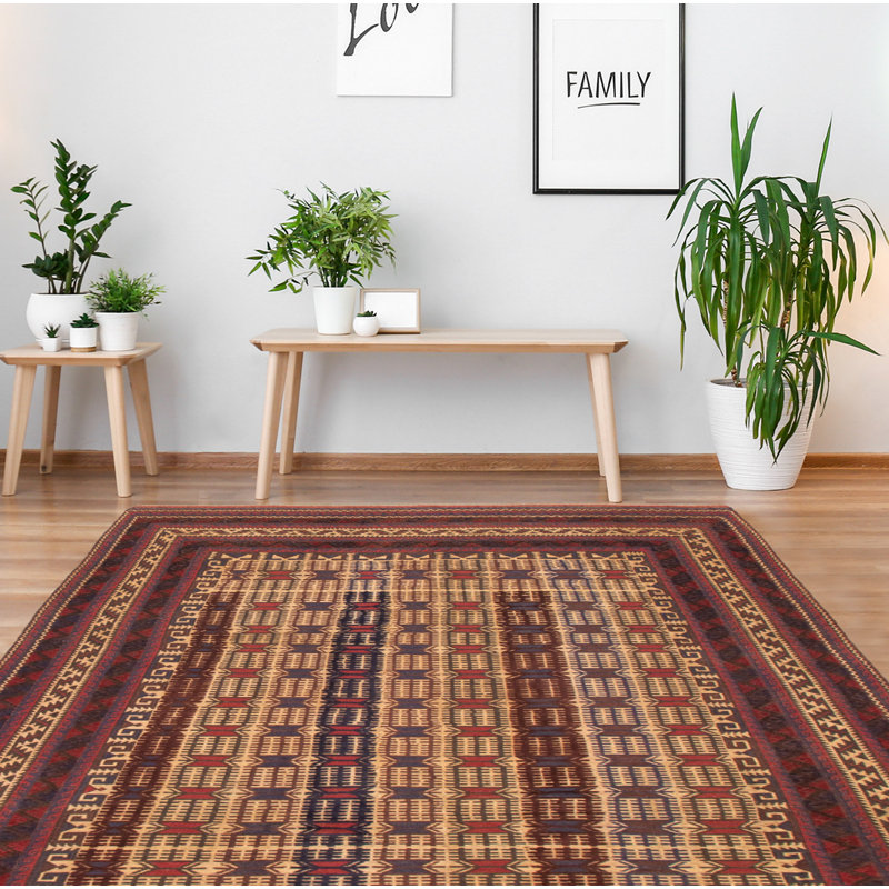 Tapis rouge foncé noué à la main de conception unique 5 pi 11 po x 8 pi 5 po Joban