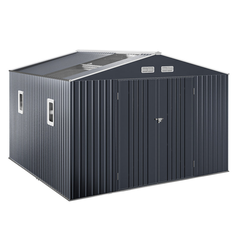 Remise de rangement en métal 10 x 12 pi avec structure de plancher très grande maison de rangement imperméable avec fenêtres de toit transparentes pour évent de jardin, tondeuse à gazon
