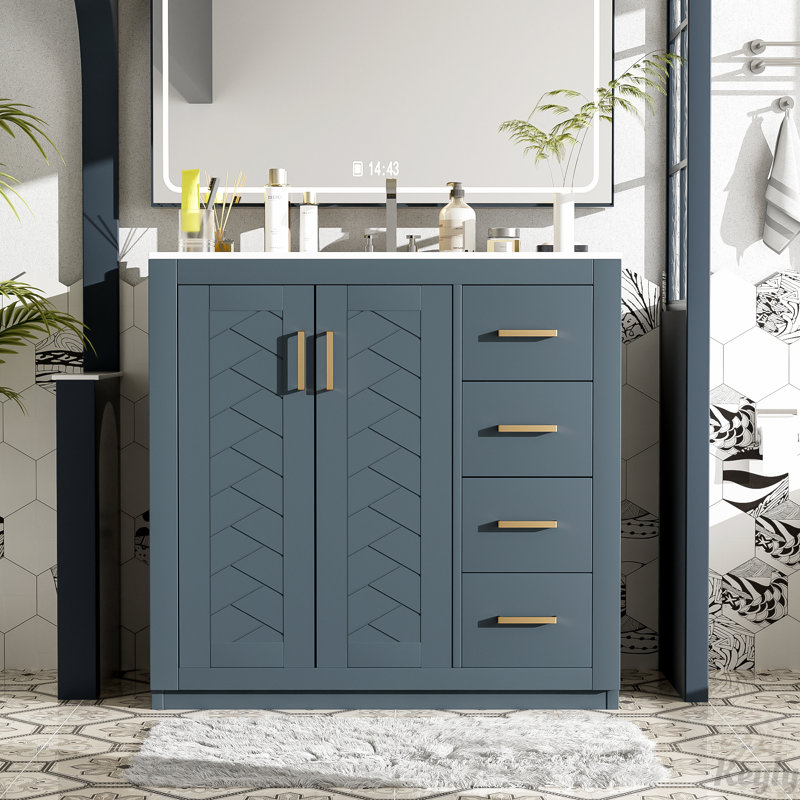 Meuble-lavabo 36 po avec lavabo en céramique, Bleu