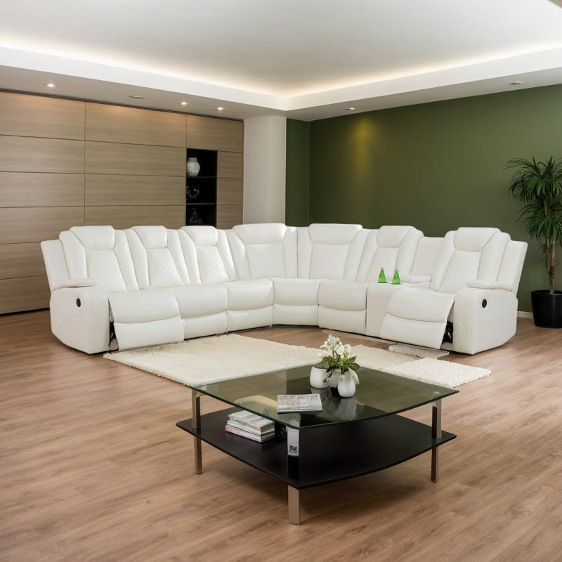 210" Breathing Leather Sectional — Dual Power Recline, Smart Features & Ultra-Comfort Design, Off White Faux Leather