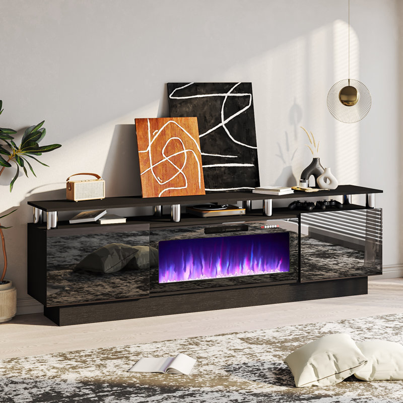 Alazik TV Stand with Electric Fireplace, Black/Silver, Black, 24”H x 14”L x 80”W