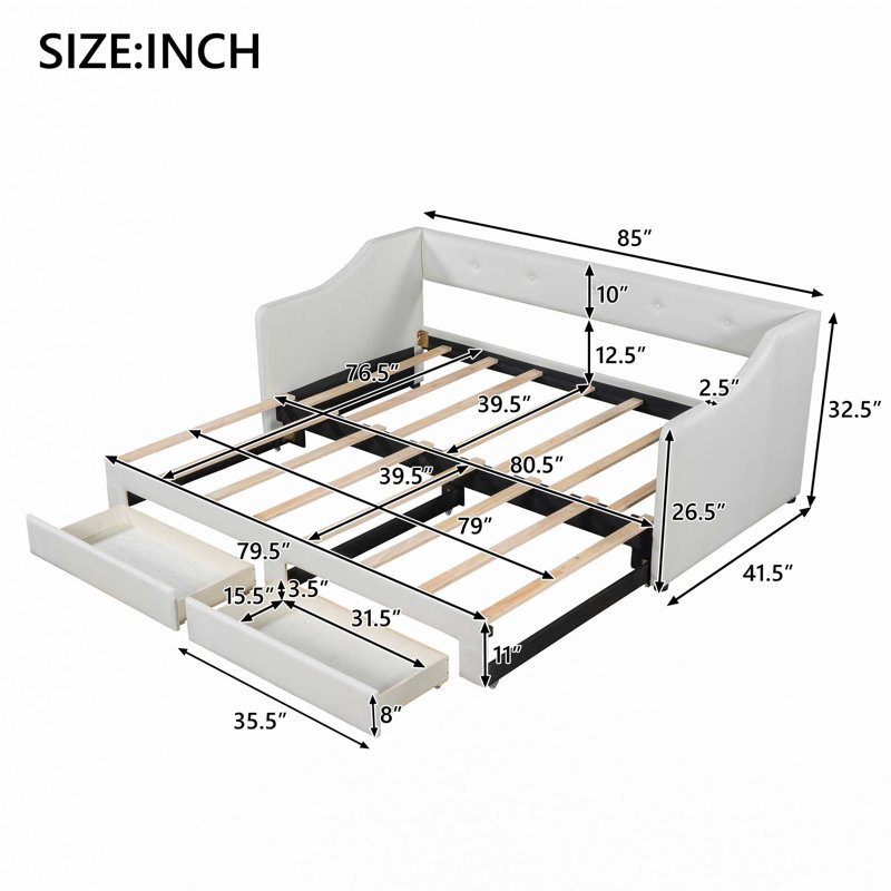 Twin XL to King Size Upholstered Daybed with Two Drawers, Beige