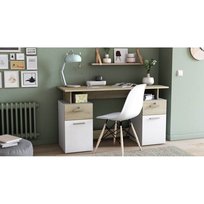 Fidencia Computer Writing Desk With Storage, 77cm H x 135cm W x 55cm D, White/Oak