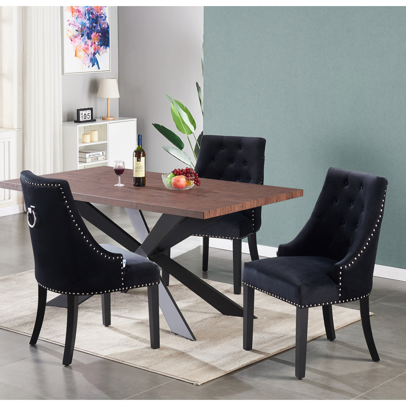 Rizzuto 4 Person Dining set - a Rectangular Wooden Dining Table with Metal Legs and a Set of 4 Quilted Ring Knocker Velvet Dining Chairs for Dining Room - Modern Dining Table Set
