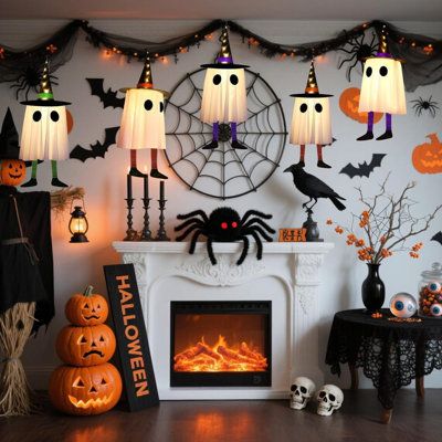 6pcs Halloween Hanging Ghosts Set with Glowing Witch Hats 6 Ghosts in Colors (Orange, Purple, Green), Outdoor Lighted Decor for Yard, Patio, Garden Tree,Requires 2×AA Batteries/Every Ghost (Batteries Not Included）