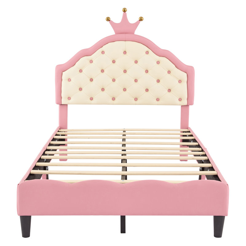 Lit princesse en cuir PU avec tête de lit fantaisie, tête de lit capitonnée, rose, Lit simple