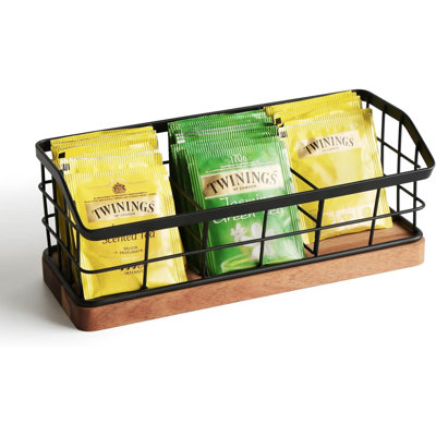 3 Slot Iron Wire Tea Bag Organizer with Wooden Base Countertop Cabinet Drawer Storage Basket