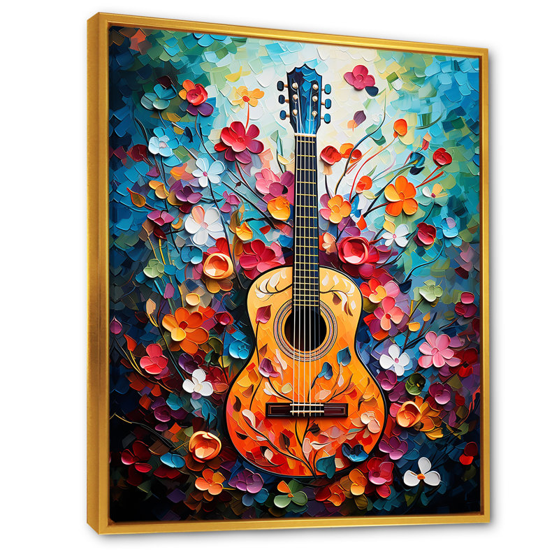 «Green Foral Harmony» - art mural musique, Cadre flottant doré, H 44 po x l 34 po x P 1,5 po