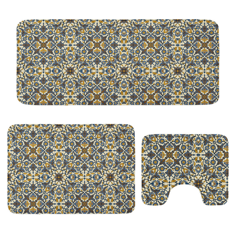  Turkish Pattern Bathroom Rug Set 3 Pieces U-Shape & Rectangle Mats Earth Yellow Slate Blue