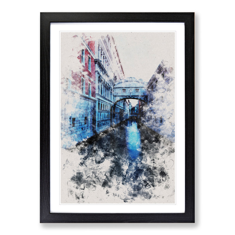 Bridge of Sighs in Venice Italy Watercolour - Picture Frame Graphic Art, Black, 36cm H x 27cm W x 2cm D