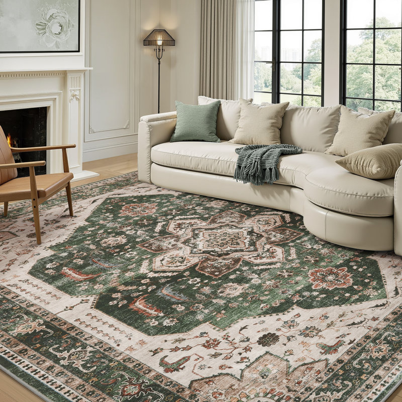 Soft Oriental Vintage Washable Distressed Area Rug - Green, Rectangle 8' x 10'