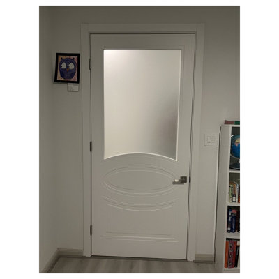 Porte-fenêtre en verre opaque Mela 7012 blanc mat, panneau simple, cadre standard, poignée, style moderne, pour salle de bain ou chambre - 91,4 cm x 213,4 cm