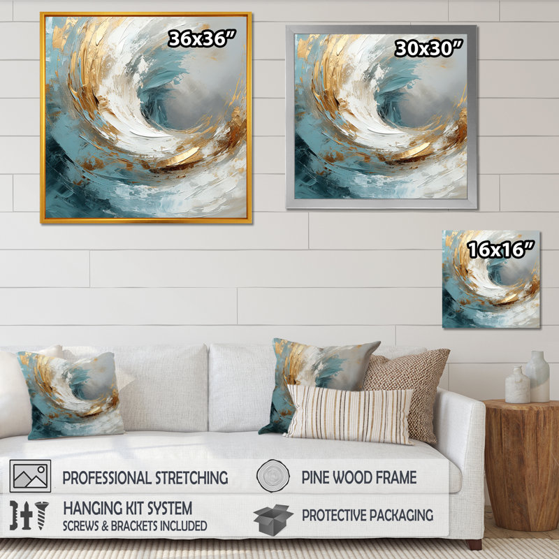 «Gold and Grey Paint Spiral Whispers II», art mural abstrait en spirale, H 36 po x l 36 po x P 1,5 po, Cadre simple noir