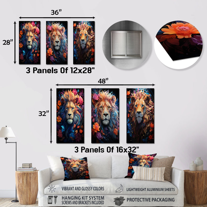 Lions Twilight Monarch - Lion, ensemble de 3 reproductions d'art en métal, H 32 po x l 48 po