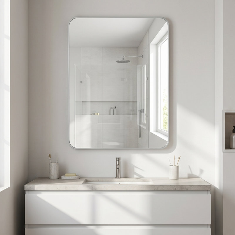30X40 Inch Silver Metal Framed Rectangular Rectangular Bathrrom Mirror For Wall.