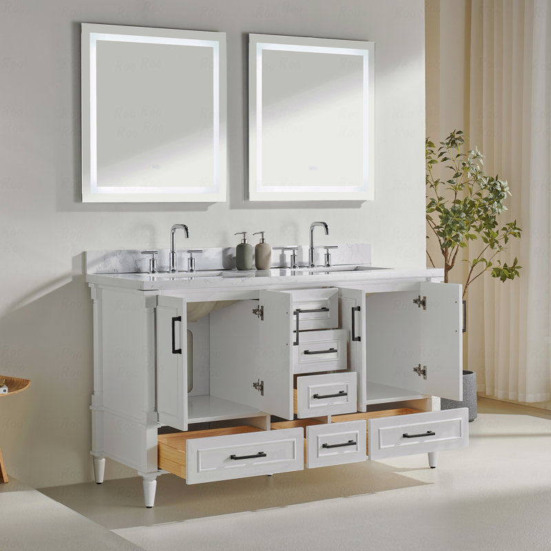 Ensemble de meuble-lavabo autoportant à double cuve, avec 2 ensembles de poignées