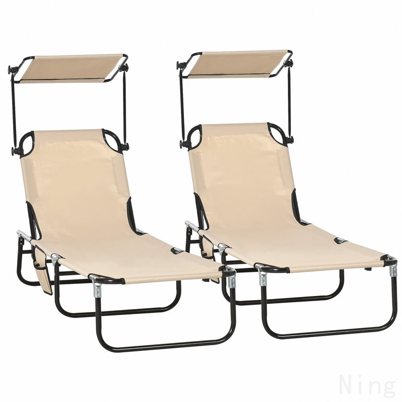 Chaises longues pliantes pour piscine, chaises de bronzage d'extérieur avec abat-jour, dossier inclinable, structure en acier et poche latérale pour la plage, la cour, le patio, le brun clair