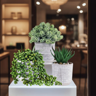 Set Of 3 Small Faux Succulents In Gray Geometric Ceramic Pots For Indoor Or Outdoor Home And Office Décor