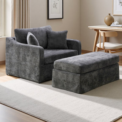 Fauteuil de style campagnard rembourré 45,27 po de largeur avec repose-pieds en chenille de 46 po de largeur avec pieds en métal noir et deux traversins pour le salon