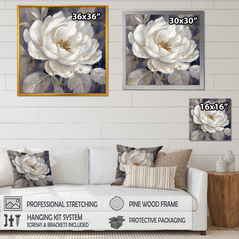 Émotion de pivoines blanches et bleues III - pivoines, art mural, Cadre simple noir, H 16 po x l 16 po x P 1 po