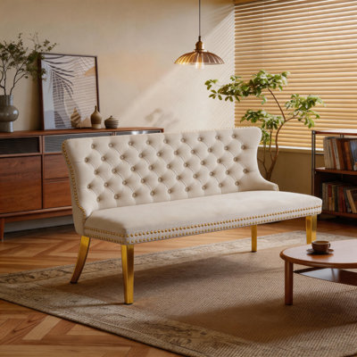 Banc rembourré 2 places avec dossier à oreilles, causeuse en velours beige