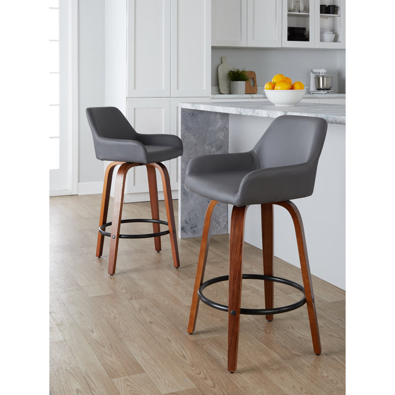 Cassiopeia Fixed-Height Bar & Counter Stool with Bent Wood Legs, Walnut, Counter Stool (26" Seat Height), Gray