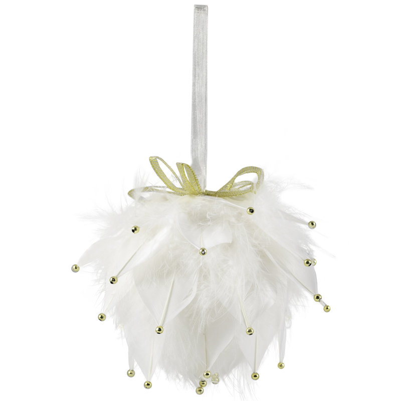 Feathers With Bead Accents Christmas Ball Ornament - 5" - White