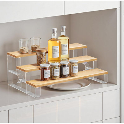 Rangement à épices pour armoire, rangement à épices à 3 niveaux pour la cuisine, rangement de salle de bain et rangement, tablette de comptoir d'assaisonnement, présentoirs en bambou