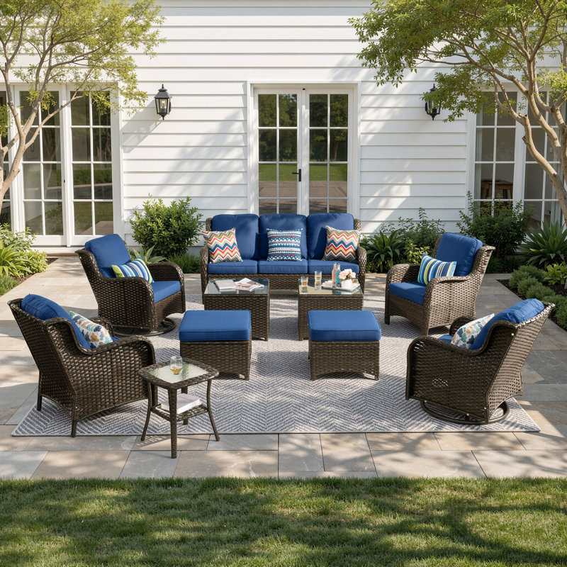 Guilen Wicker/Rattan 7- Person Seating Group With Swivel Chairs and Cushions, Brown, Blue