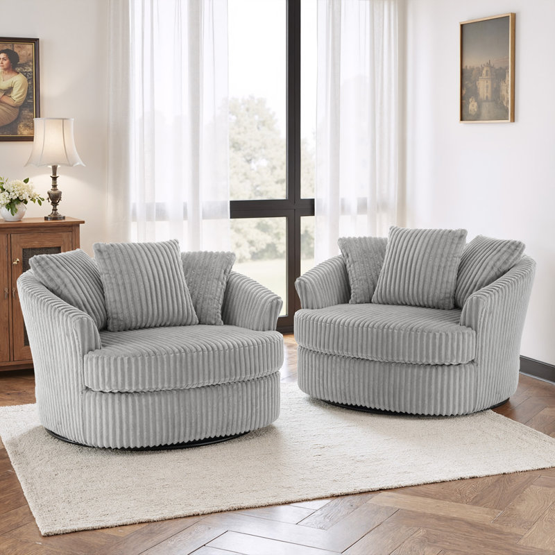 Ultra Plush Faux Rabbit Fur Oversized Swivel Barrel Chair with Three Pillows, Grey