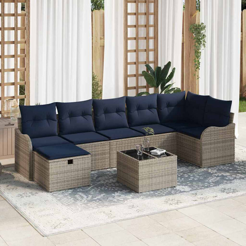 Ensemble de canapé vidaXL avec coussin avec rangement en rotin gris et bleu marine, Coussin bleu marine / structure grise