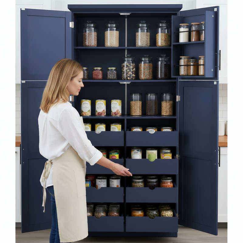 Grande armoire à quatre portes avec tablettes à double couche, huit plateaux coulissants et tablettes réglables de 70,9 pouces de hauteur