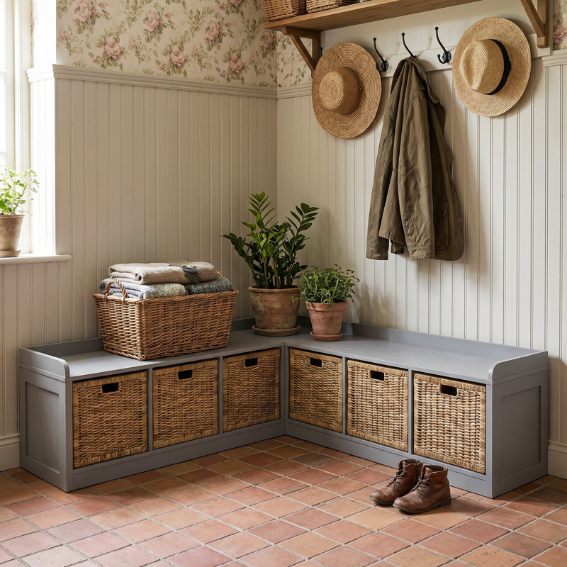 L-Shaped Corner Bench With 6 Wicker-Front Drawers | Space-Saving Seating & Storage