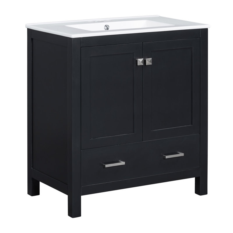 Meuble-lavabo de 30 po avec lavabo simple, meuble-lavabo encastré, armoire de rangement avec 2 portes et un tiroir, fermeture en douceur, rangement multifonctionnel, structure en bois massif