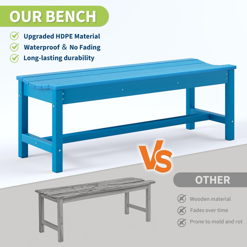 Banc d'extérieur, banc de jardin incurvé sans dossier, PEHD, résistant aux intempéries, parc de porche de patio, bleu, Blue